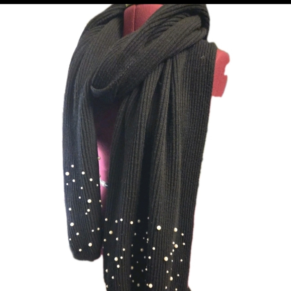 Zara Pearl Embellished Black Knit Scarf•Convertible•Tunic•Skirt• Halter 17"x72"